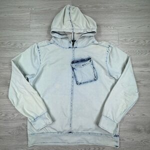 KITE Mens Hoodie Acid Wash‎ Light Blue Large Long Sleeve Chest Pocket Pullover